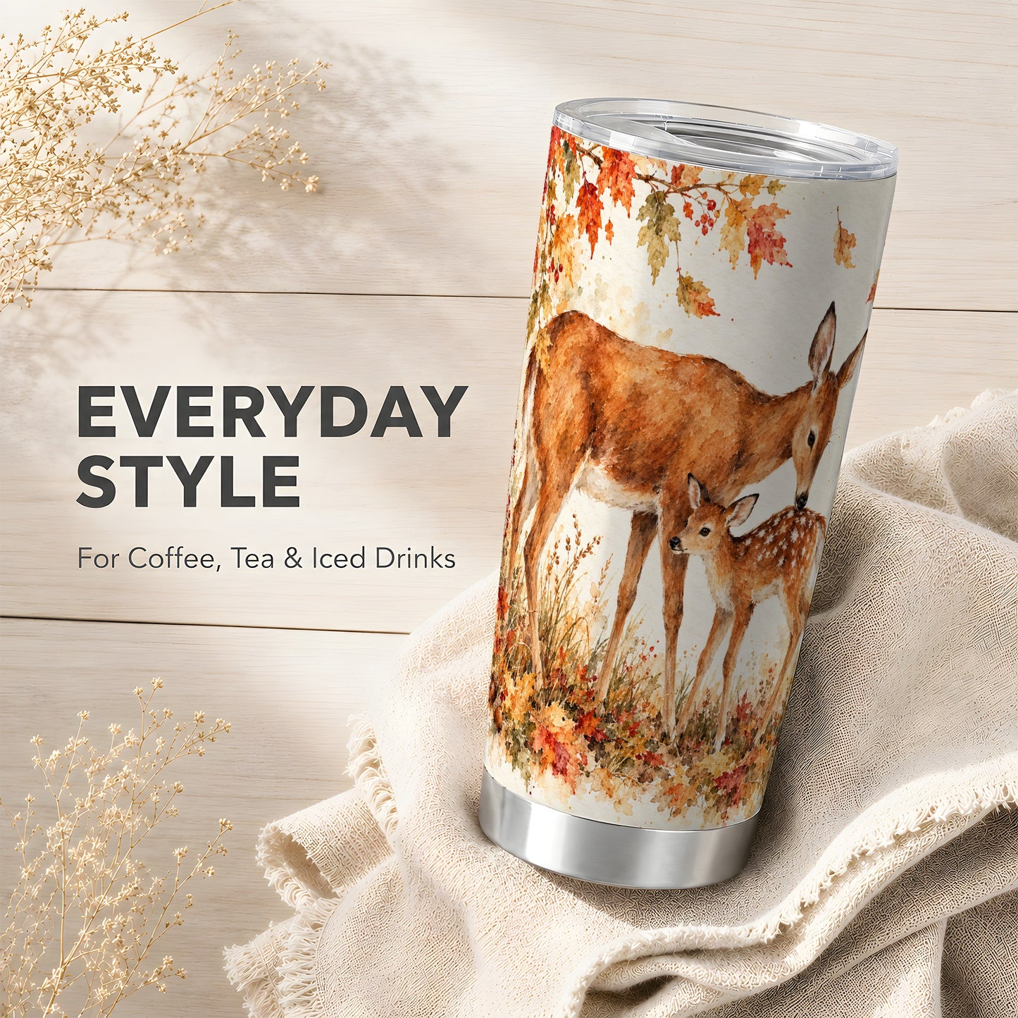 #pl[20oz|Steel] Watercolor Deer Tumbler 20oz, Woodland Tumbler, Stainless Steel Travel Cup