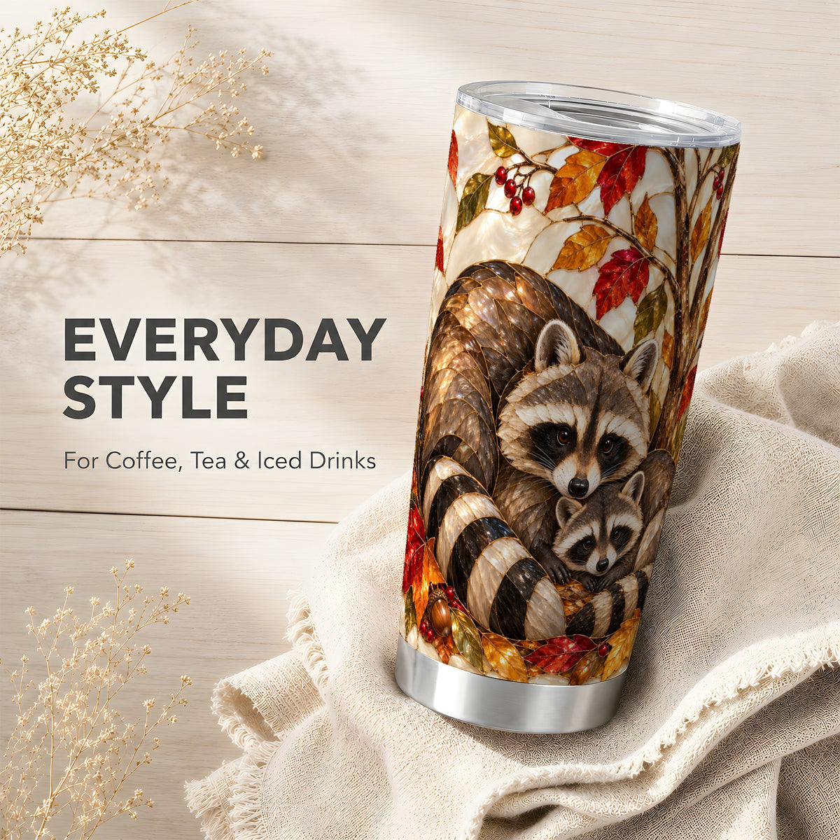 #pl[20oz|Steel] Autumn Raccoon Tumbler 20oz, Family Tumbler, Stainless Steel Travel Cup