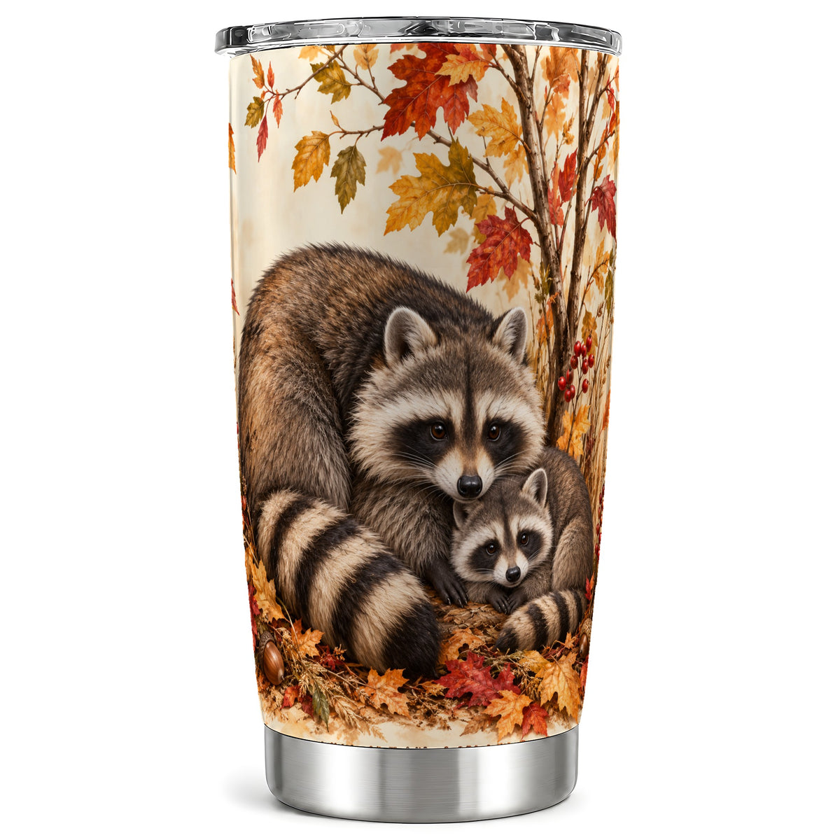 Autumn Raccoon Tumbler 20oz, Woodland Tumbler, Stainless Steel Travel Cup