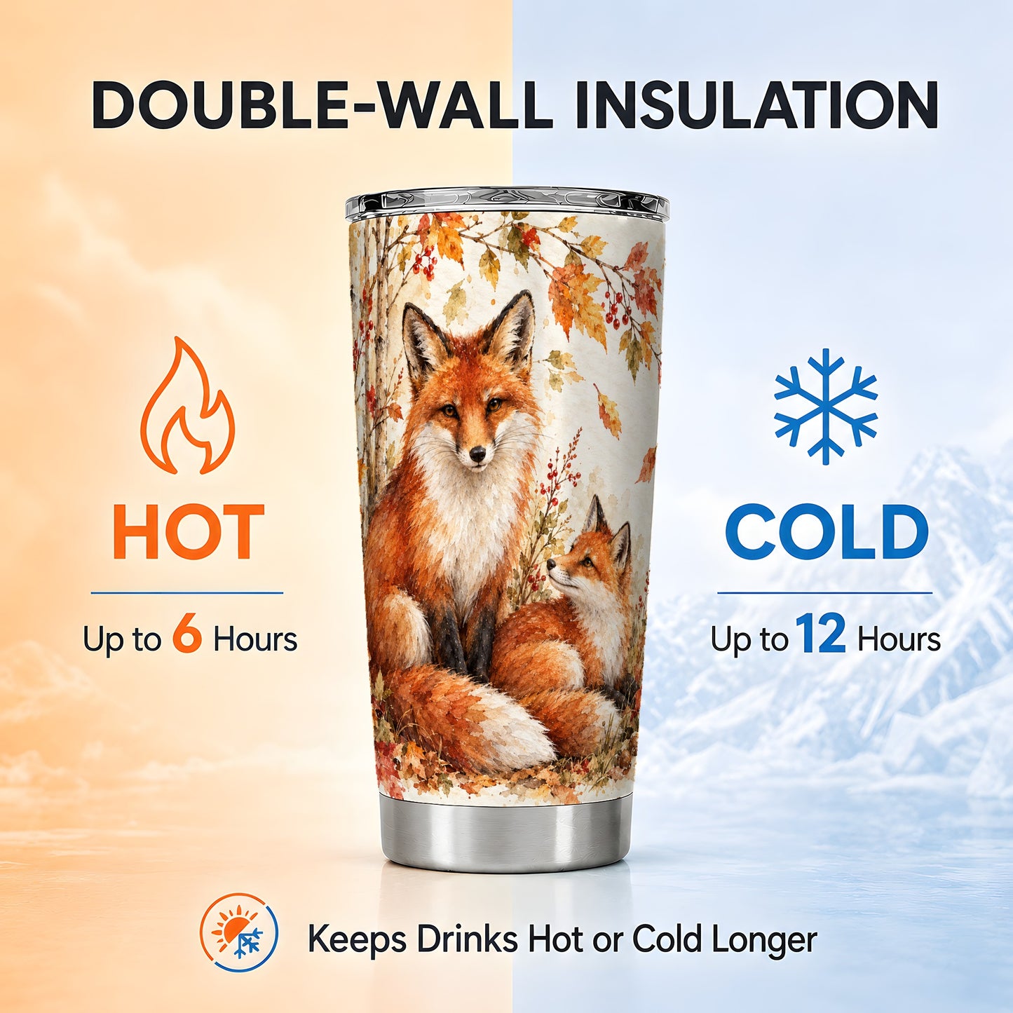 #pl[20oz|Steel] Autumn Fox Tumbler 20oz, Watercolor Tumbler, Stainless Steel Travel Cup