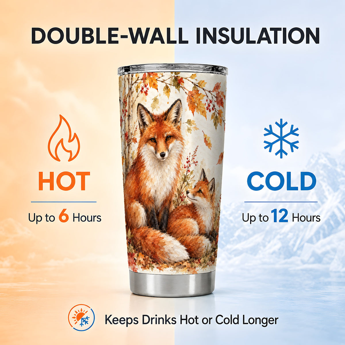 #pl[20oz|Steel] Autumn Fox Tumbler 20oz, Watercolor Tumbler, Stainless Steel Travel Cup