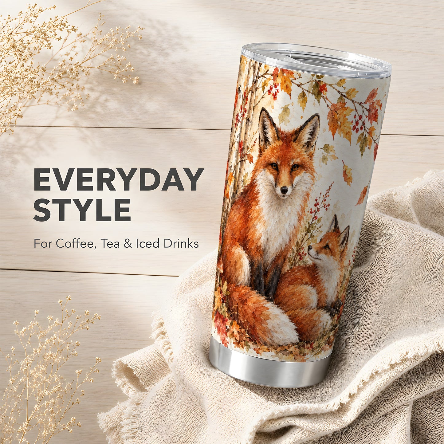 #pl[20oz|Steel] Autumn Fox Tumbler 20oz, Watercolor Tumbler, Stainless Steel Travel Cup