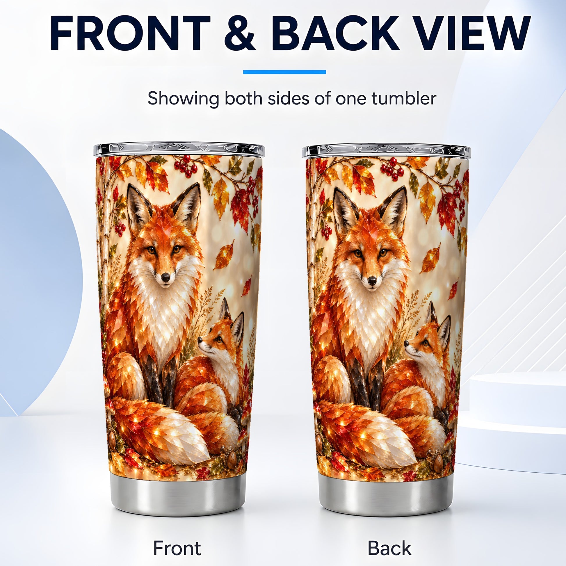 #pl[20oz|Steel] Faceted Fox Tumbler 20oz, Autumn Tumbler, Stainless Steel Travel Cup