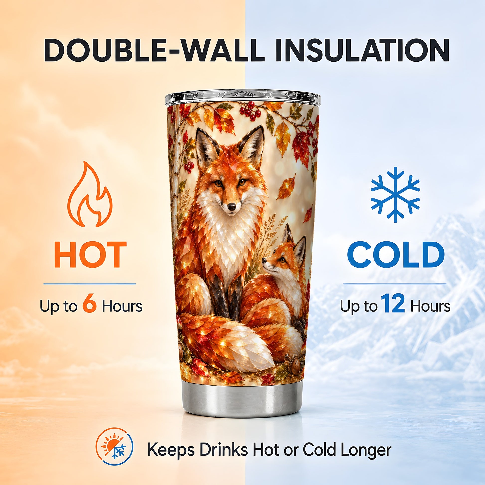 #pl[20oz|Steel] Faceted Fox Tumbler 20oz, Autumn Tumbler, Stainless Steel Travel Cup