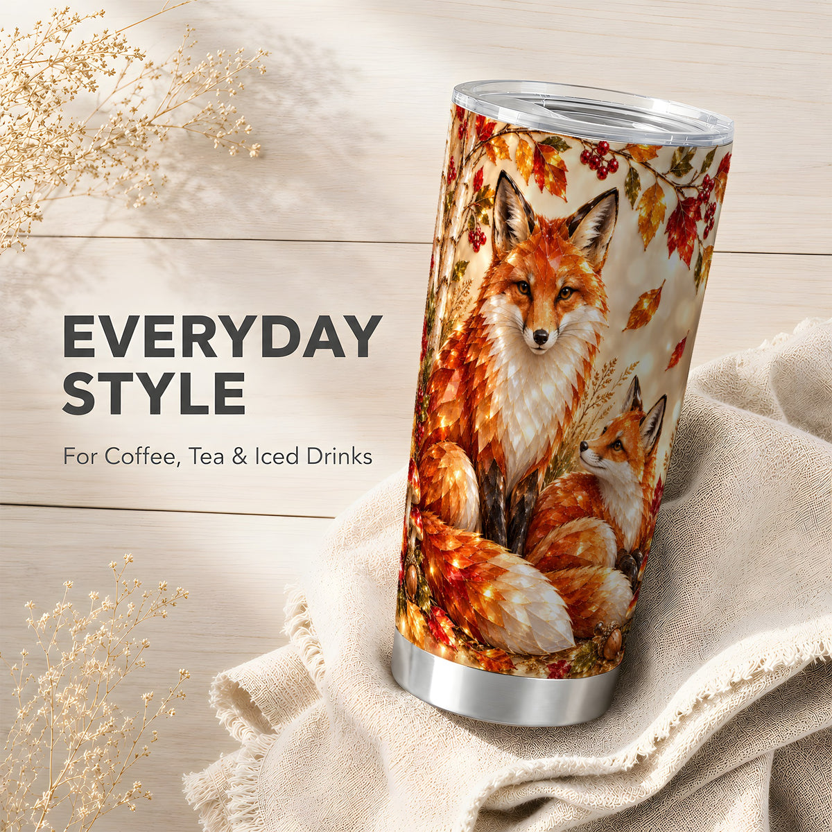 #pl[20oz|Steel] Faceted Fox Tumbler 20oz, Autumn Tumbler, Stainless Steel Travel Cup