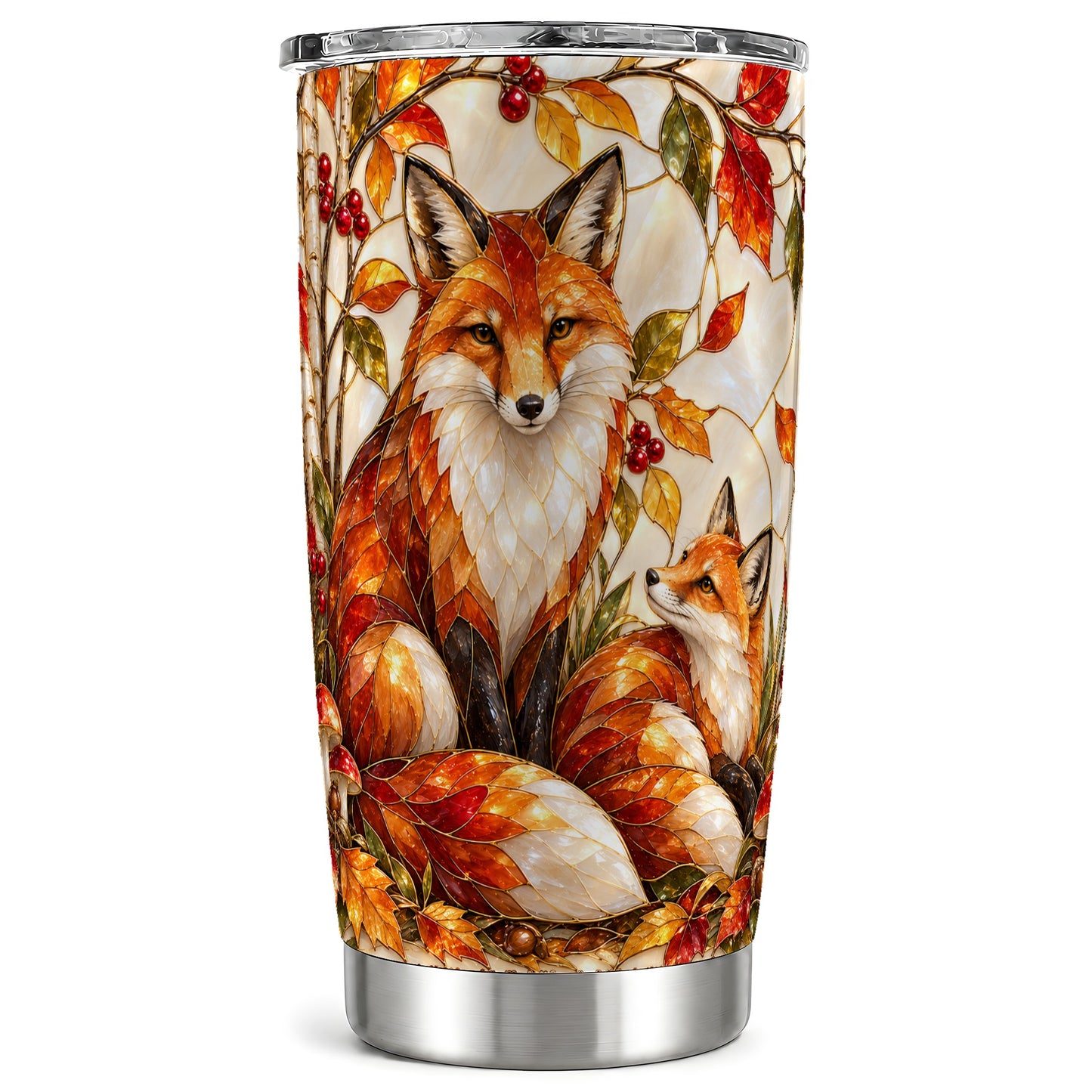 Stained Glass Fox Tumbler 20oz, Autumn Tumbler, Stainless Steel Travel Cup