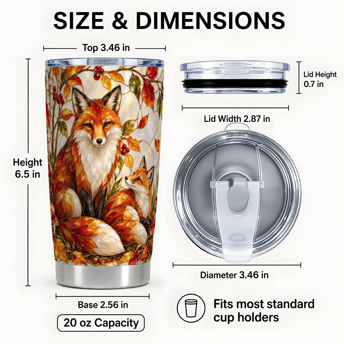 #pl[20oz|Steel] Stained Glass Fox Tumbler 20oz, Autumn Tumbler, Stainless Steel Travel Cup