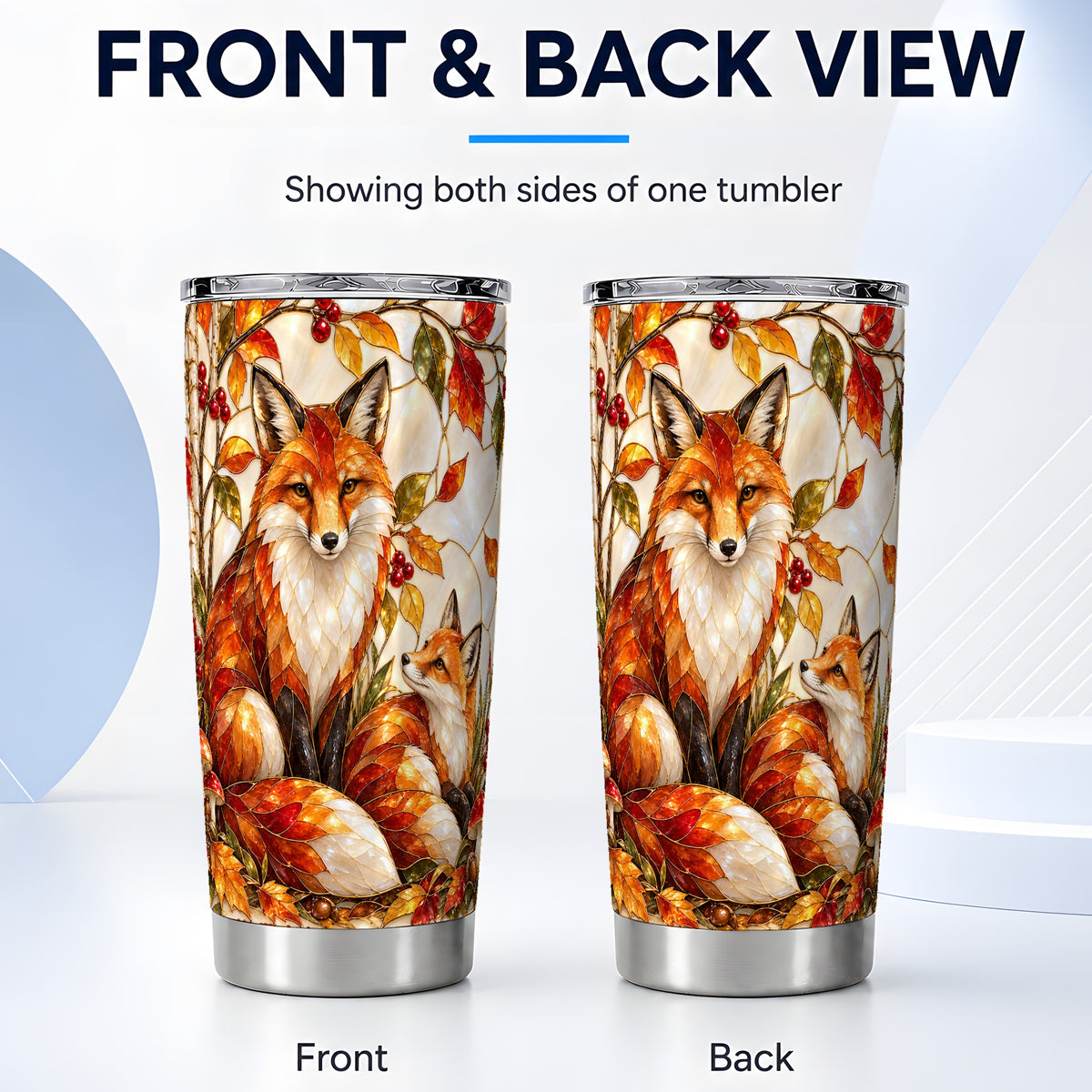 #pl[20oz|Steel] Stained Glass Fox Tumbler 20oz, Autumn Tumbler, Stainless Steel Travel Cup