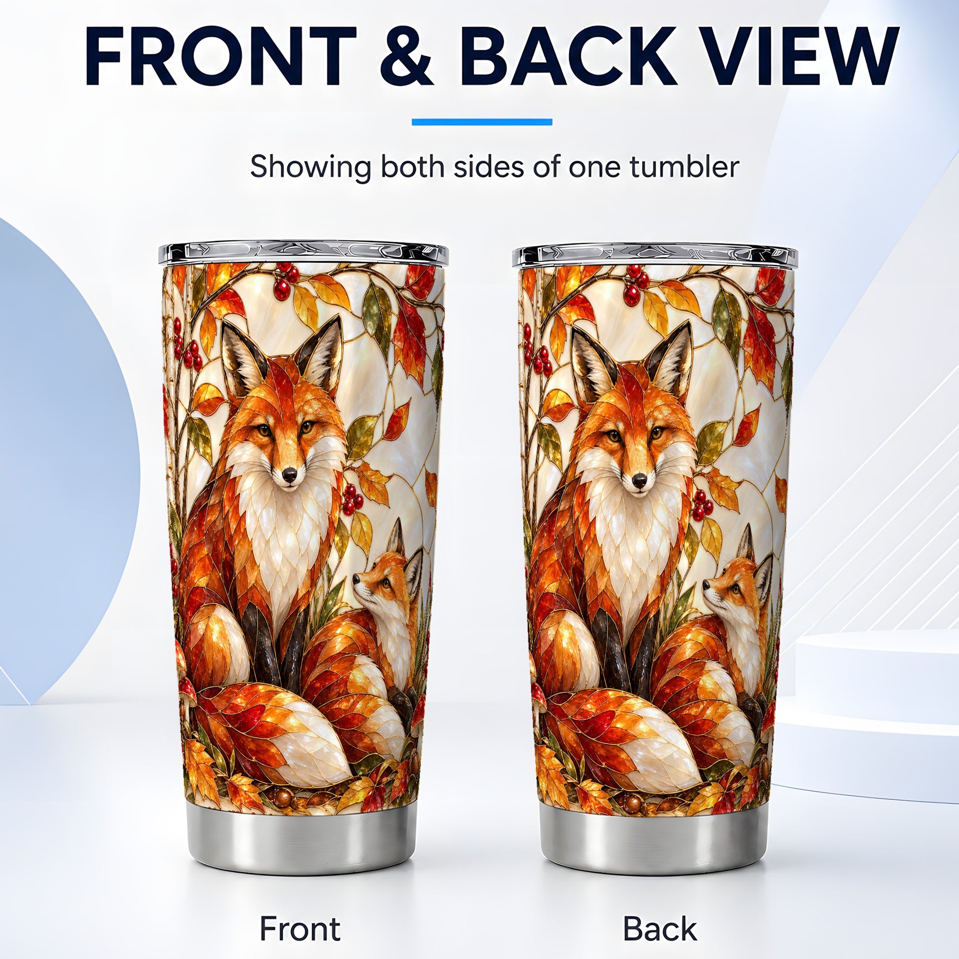 #pl[20oz|Steel] Stained Glass Fox Tumbler 20oz, Autumn Tumbler, Stainless Steel Travel Cup