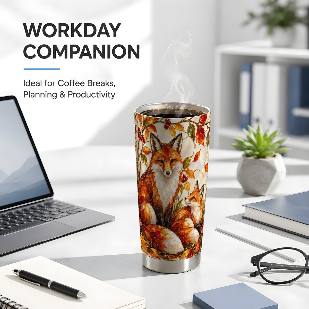#pl[20oz|Steel] Stained Glass Fox Tumbler 20oz, Autumn Tumbler, Stainless Steel Travel Cup