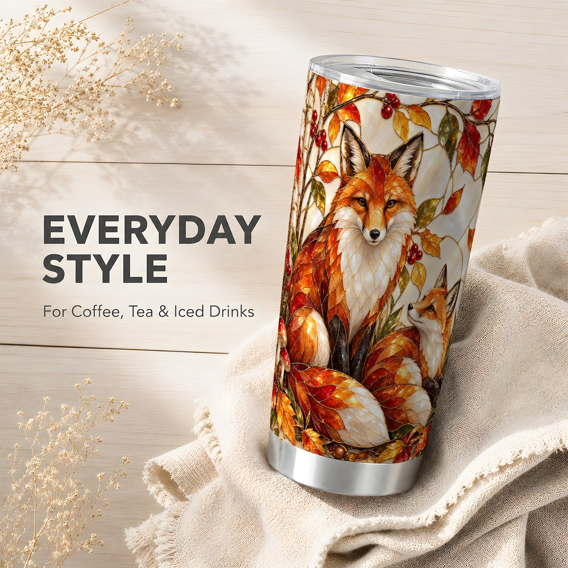 #pl[20oz|Steel] Stained Glass Fox Tumbler 20oz, Autumn Tumbler, Stainless Steel Travel Cup