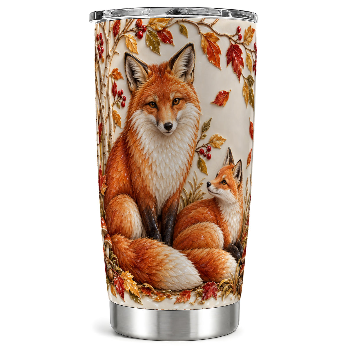 Autumn Fox Tumbler 20oz, Botanical Tumbler, Stainless Steel Travel Cup