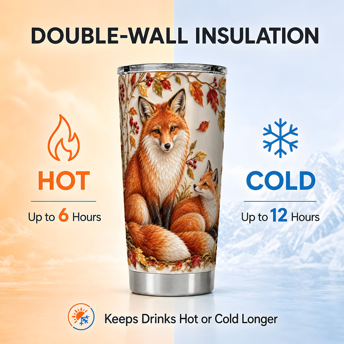 #pl[20oz|Steel] Autumn Fox Tumbler 20oz, Botanical Tumbler, Stainless Steel Travel Cup