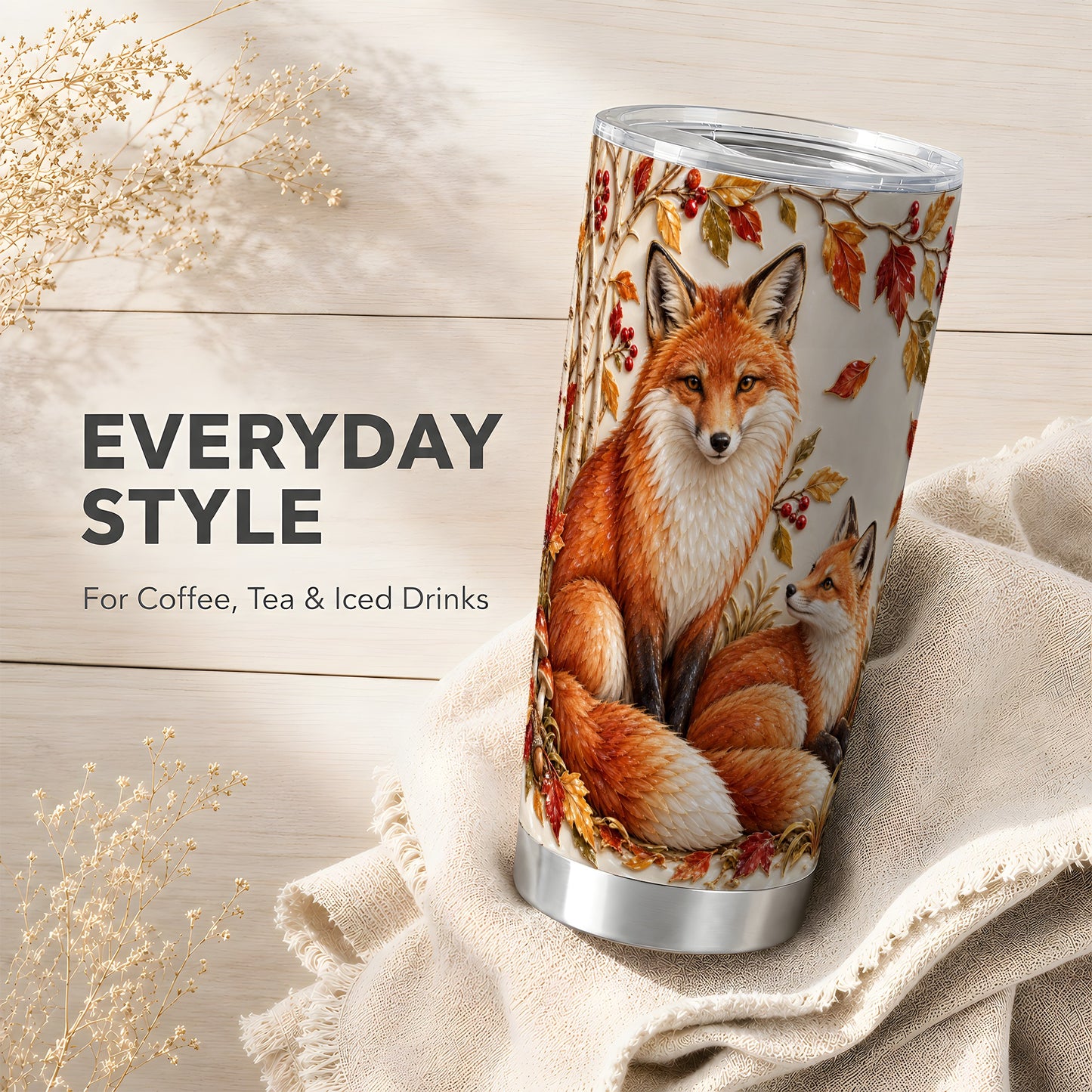 #pl[20oz|Steel] Autumn Fox Tumbler 20oz, Botanical Tumbler, Stainless Steel Travel Cup