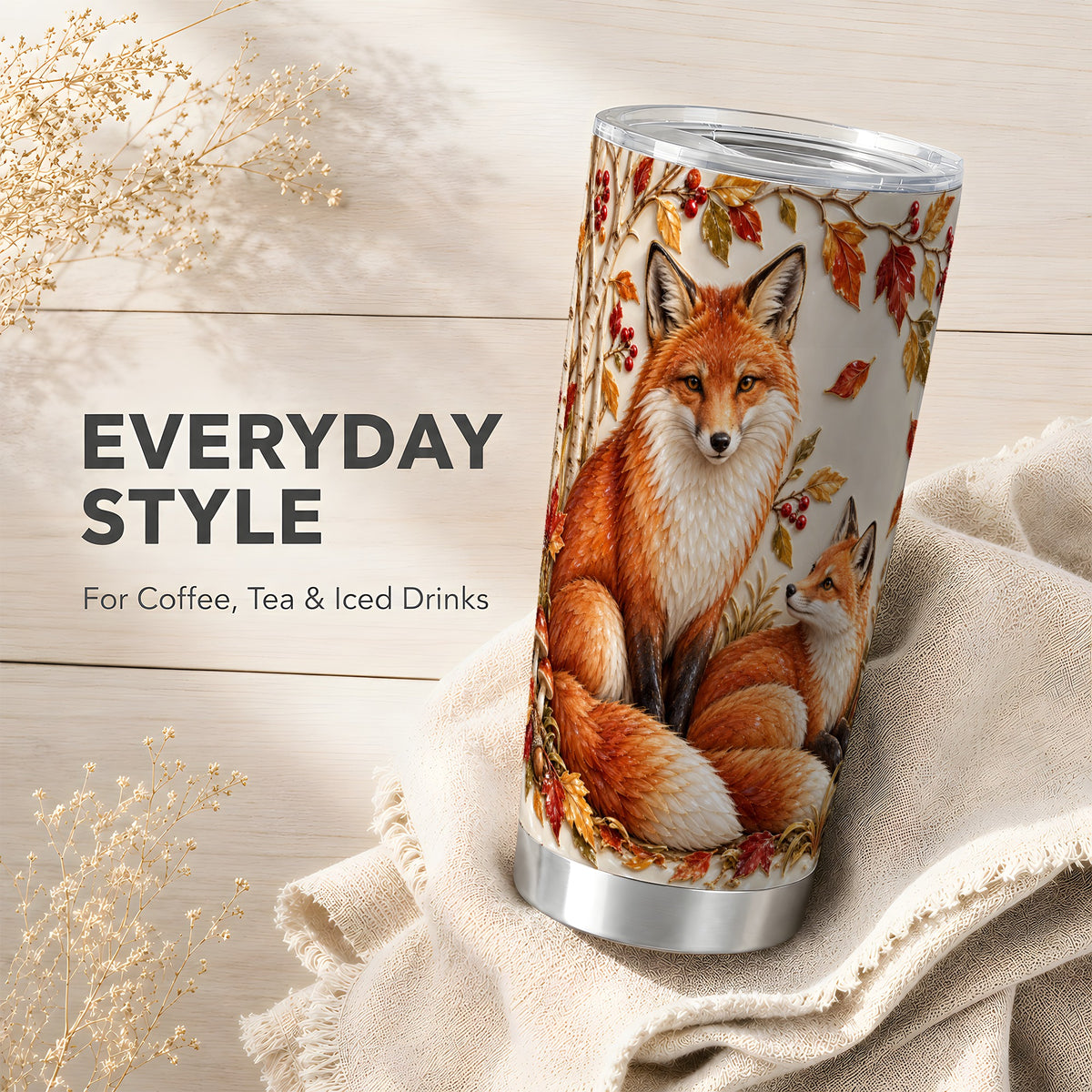 #pl[20oz|Steel] Autumn Fox Tumbler 20oz, Botanical Tumbler, Stainless Steel Travel Cup