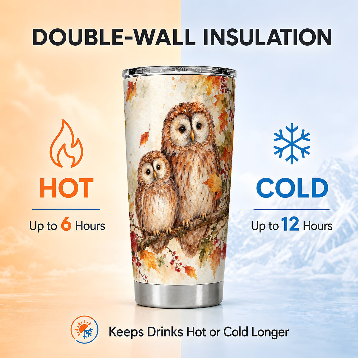 #pl[20oz|Steel] Watercolor Owl Tumbler 20oz, Owl Tumbler, Stainless Steel Travel Cup