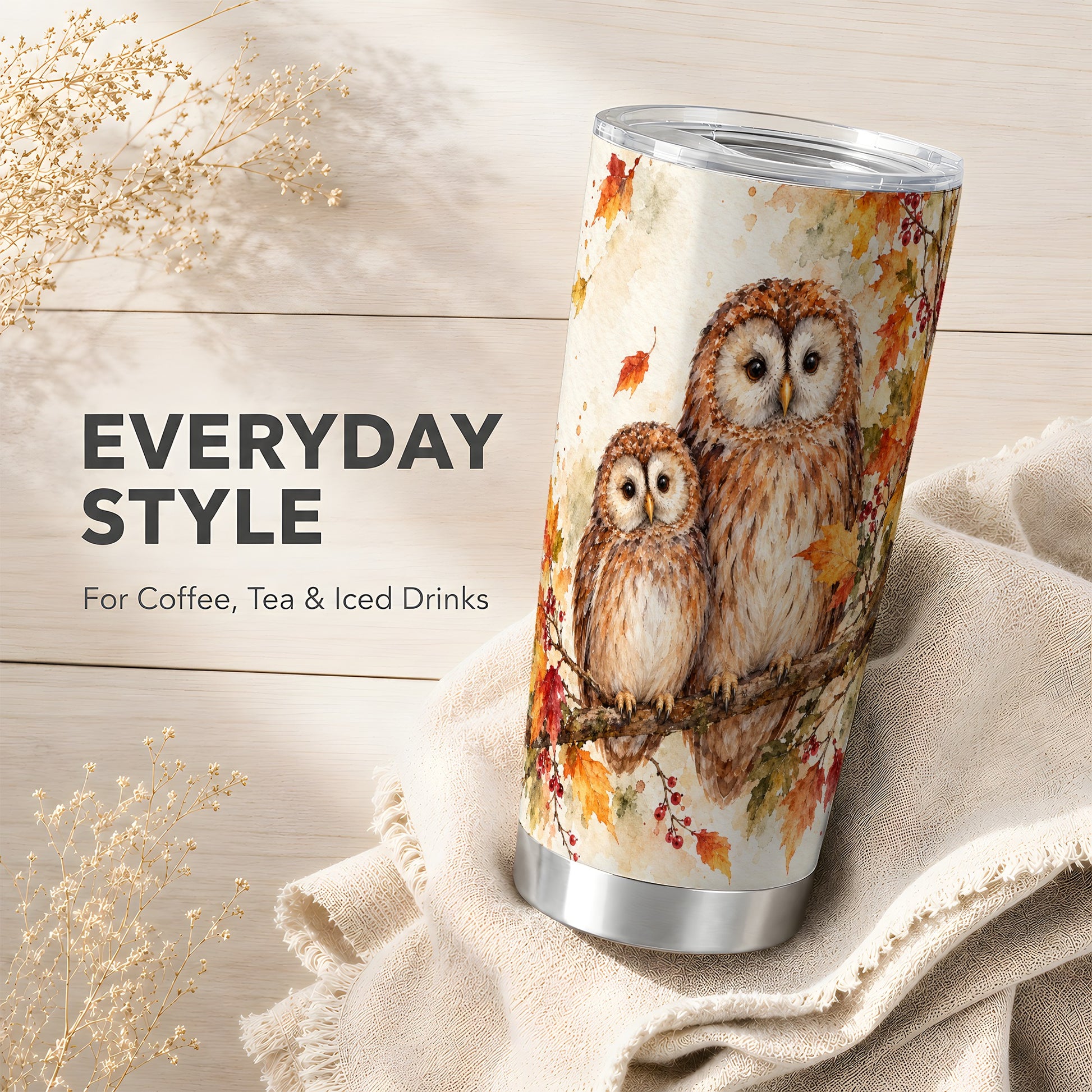 #pl[20oz|Steel] Watercolor Owl Tumbler 20oz, Owl Tumbler, Stainless Steel Travel Cup