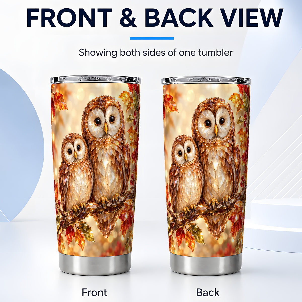 #pl[20oz|Steel] Faceted Owl Pair Tumbler 20oz, Owl Tumbler, Stainless Steel Travel Cup