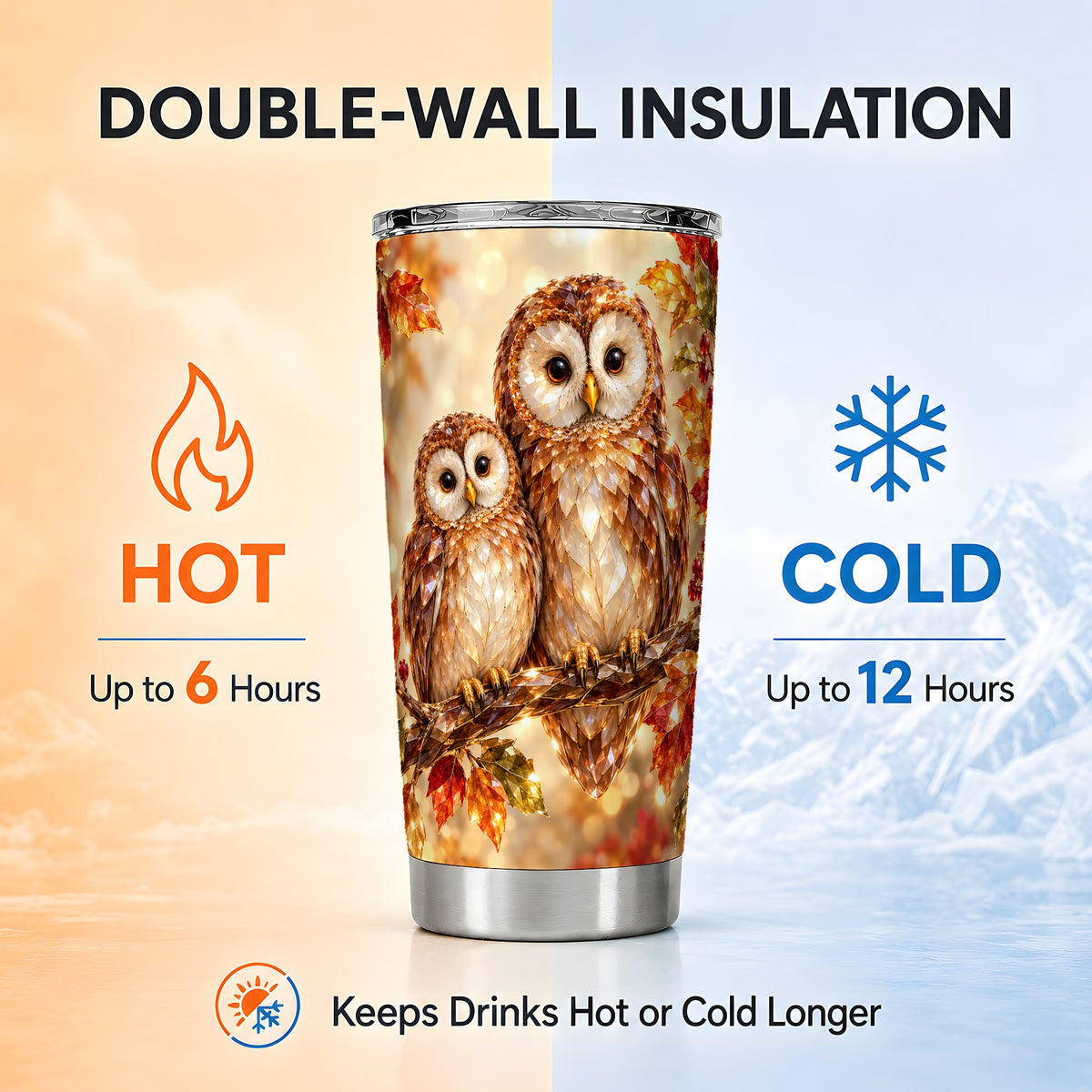 #pl[20oz|Steel] Faceted Owl Pair Tumbler 20oz, Owl Tumbler, Stainless Steel Travel Cup