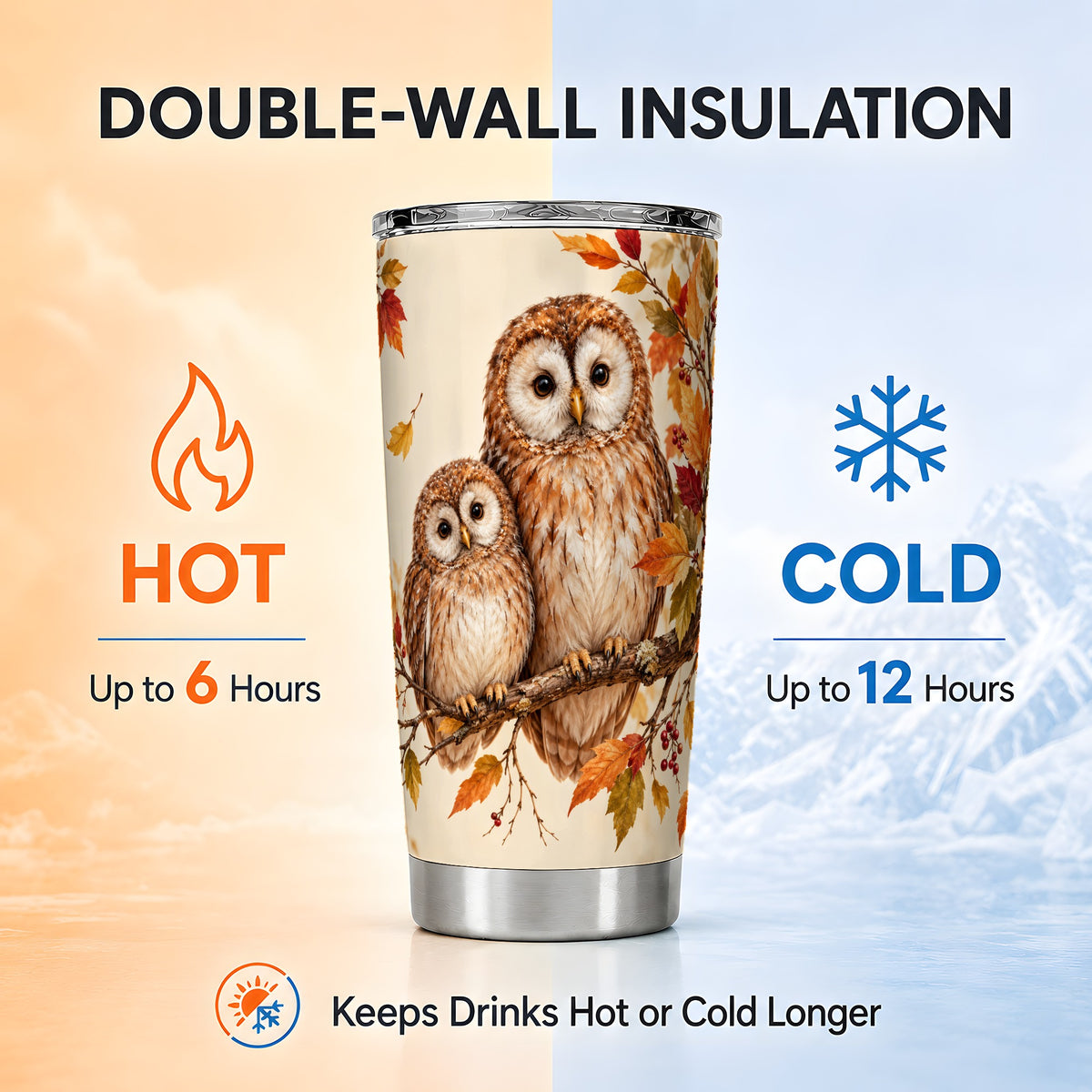 #pl[20oz|Steel] Autumn Owl Pair Tumbler 20oz, Owl Tumbler, Stainless Steel Travel Cup