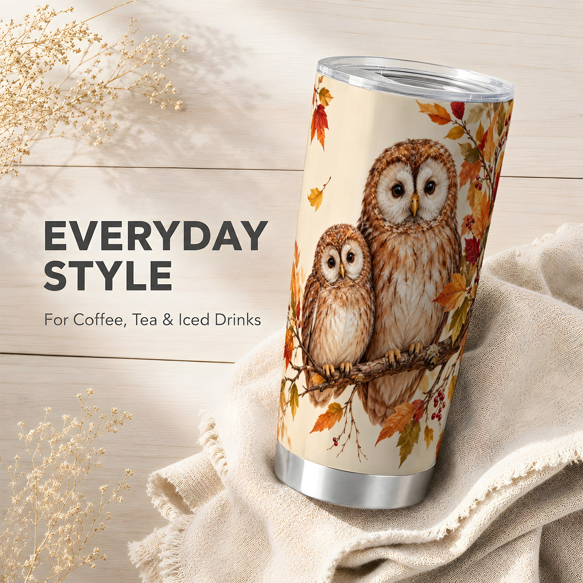 #pl[20oz|Steel] Autumn Owl Pair Tumbler 20oz, Owl Tumbler, Stainless Steel Travel Cup