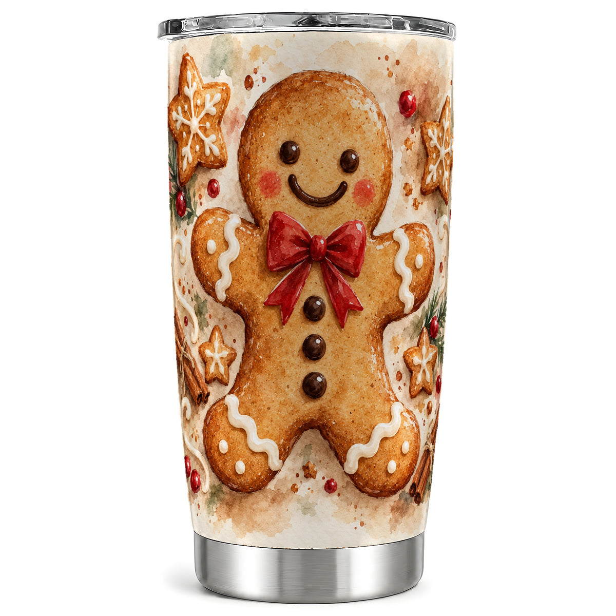 Watercolor Gingerbread 20oz Tumbler, Holiday Stainless Steel Travel Cup
