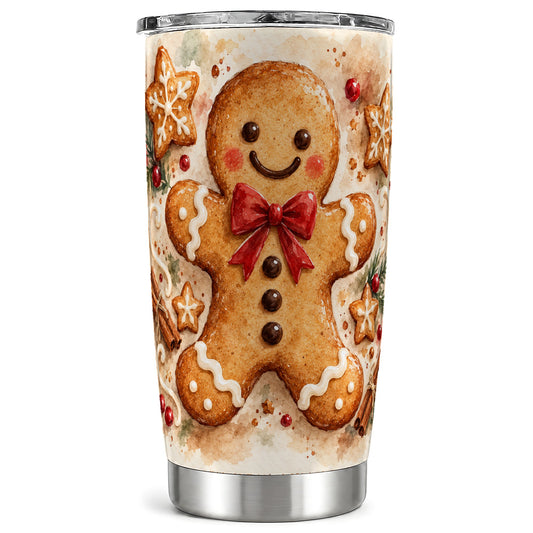 Watercolor Gingerbread 20oz Tumbler, Holiday Stainless Steel Travel Cup