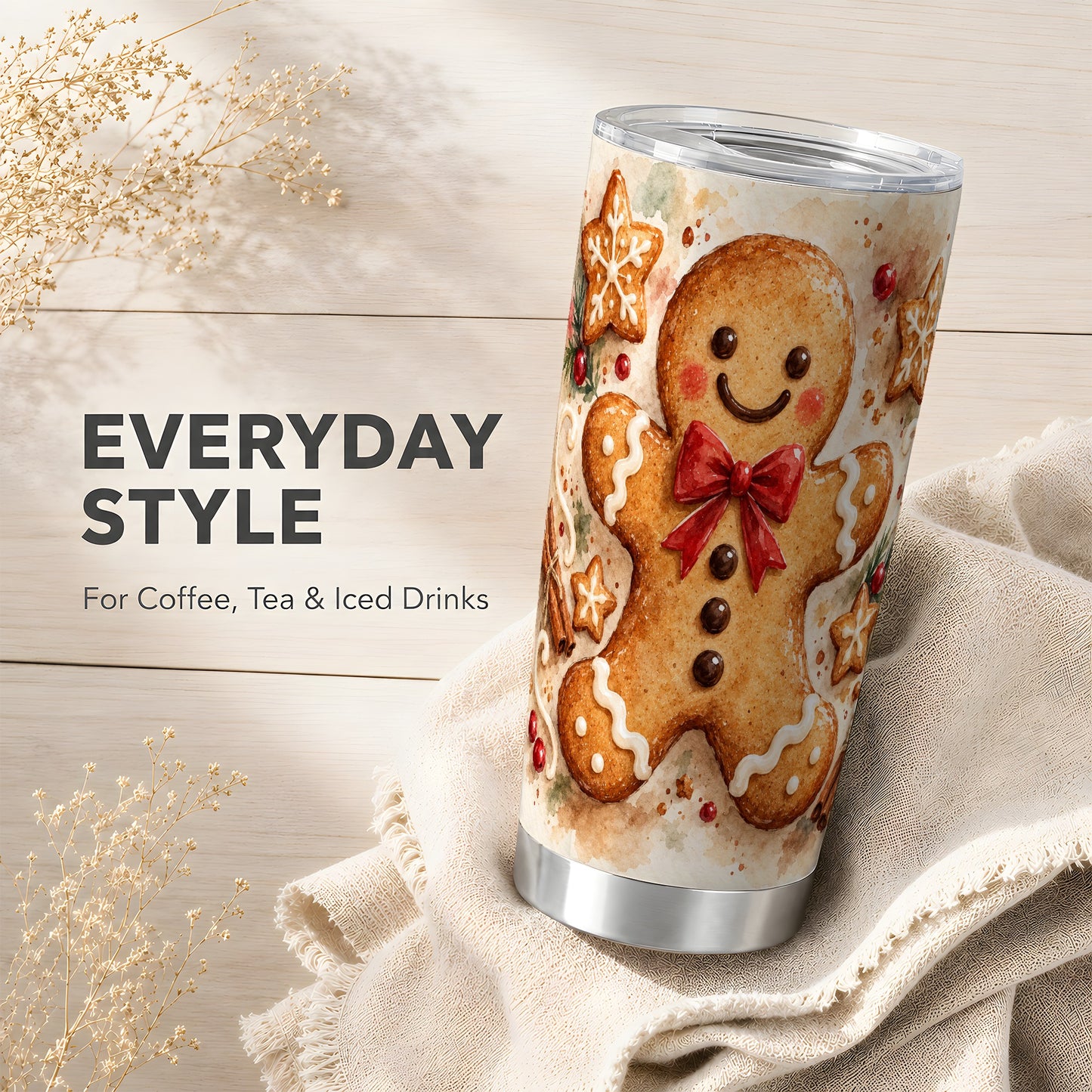 #pl[20oz|Steel] Watercolor Gingerbread 20oz Tumbler, Holiday Stainless Steel Travel Cup