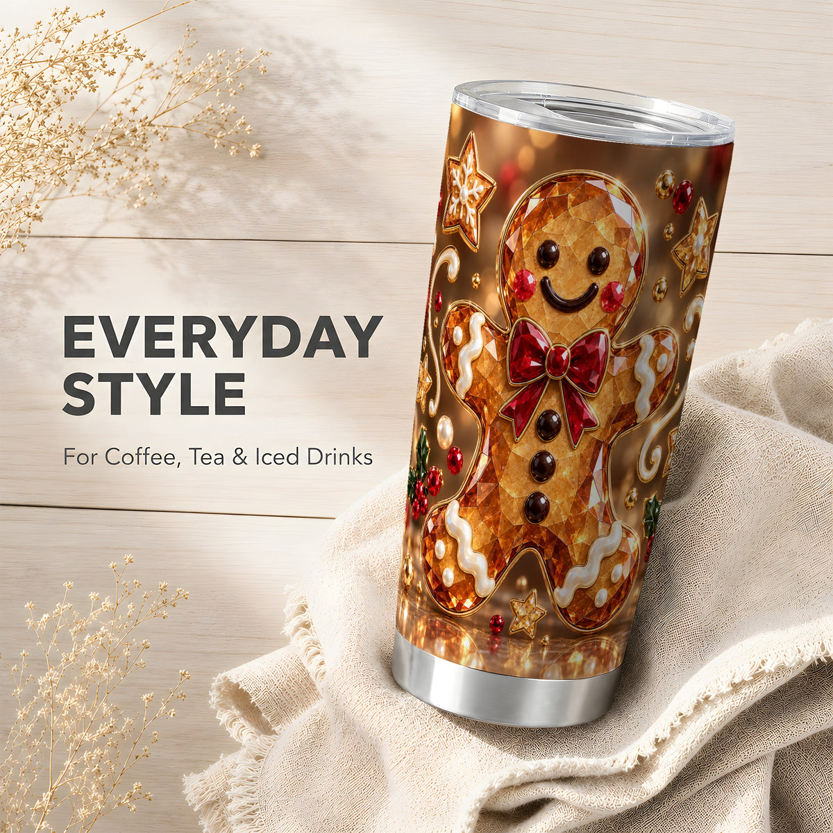 #pl[20oz|Steel] Jewel Style Gingerbread 20oz Tumbler, Holiday Stainless Steel Travel Cup