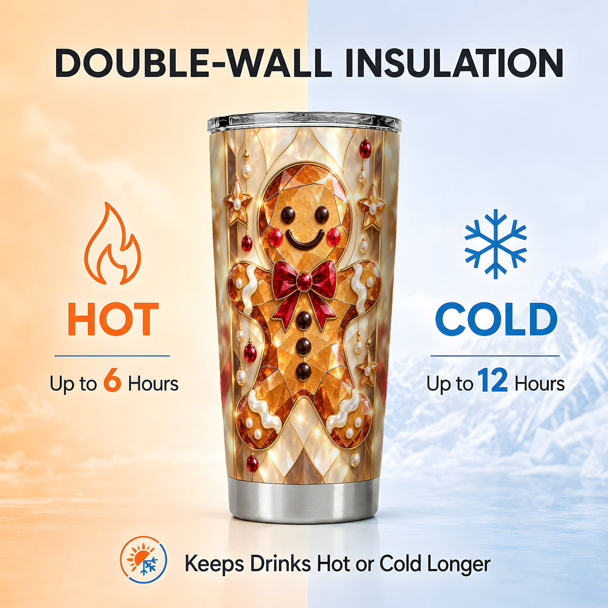 #pl[20oz|Steel] Gem Style Gingerbread 20oz Tumbler, Holiday Stainless Steel Travel Cup