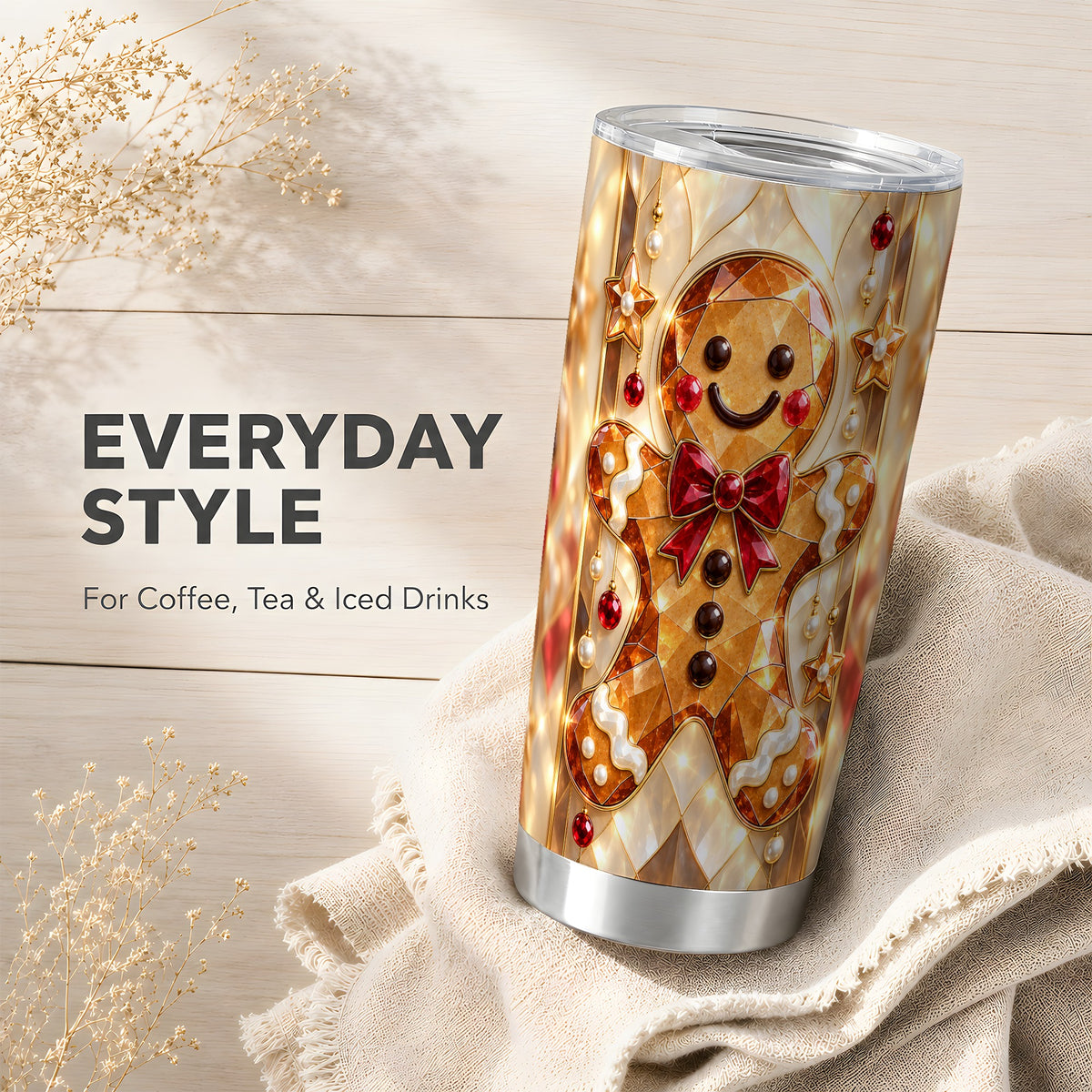 #pl[20oz|Steel] Gem Style Gingerbread 20oz Tumbler, Holiday Stainless Steel Travel Cup