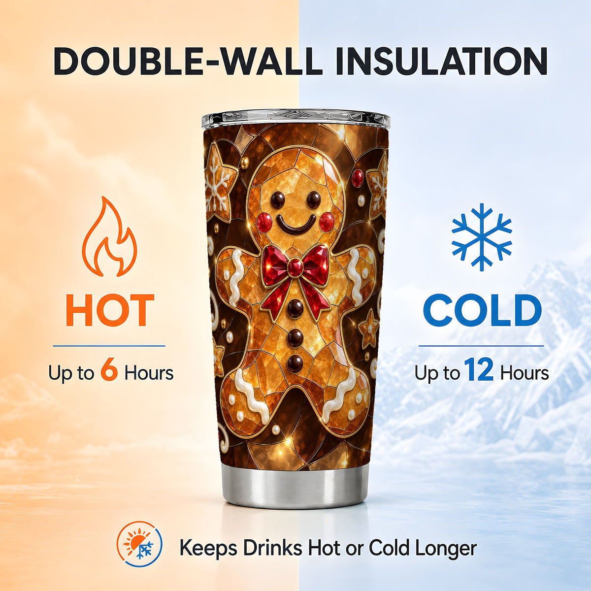 #pl[20oz|Steel] Stained Glass Style Gingerbread 20oz Tumbler, Stainless Steel Travel Cup
