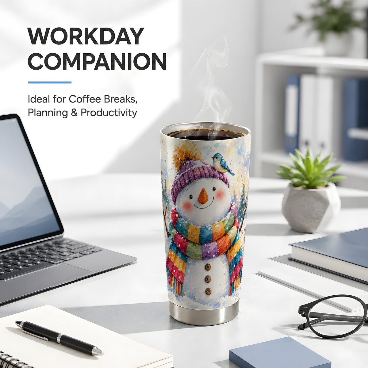 #pl[20oz|Steel] Cheerful Snowman Tumbler 20oz, Winter Tumbler, Stainless Steel Travel Cup