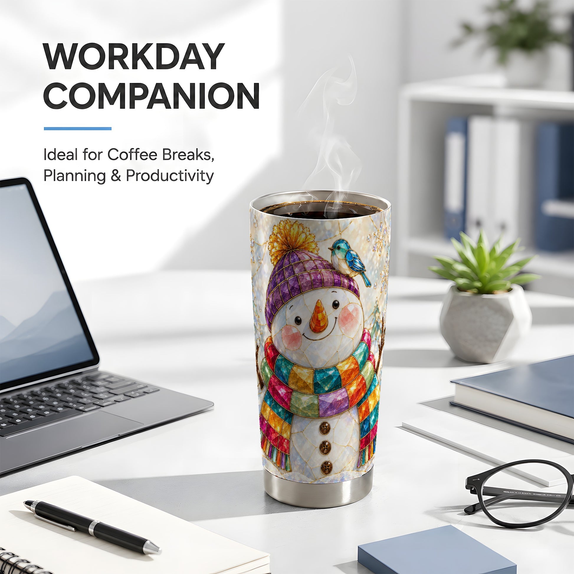 #pl[20oz|Steel] Mosaic Snowman Tumbler 20oz, Winter Tumbler, Stainless Steel Travel Cup