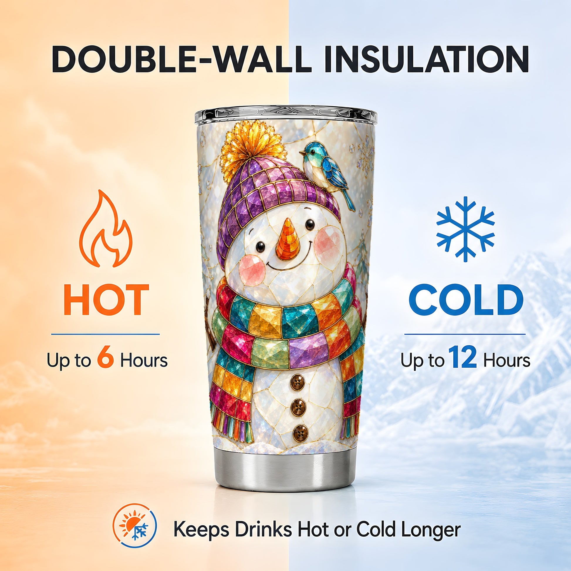 #pl[20oz|Steel] Mosaic Snowman Tumbler 20oz, Winter Tumbler, Stainless Steel Travel Cup