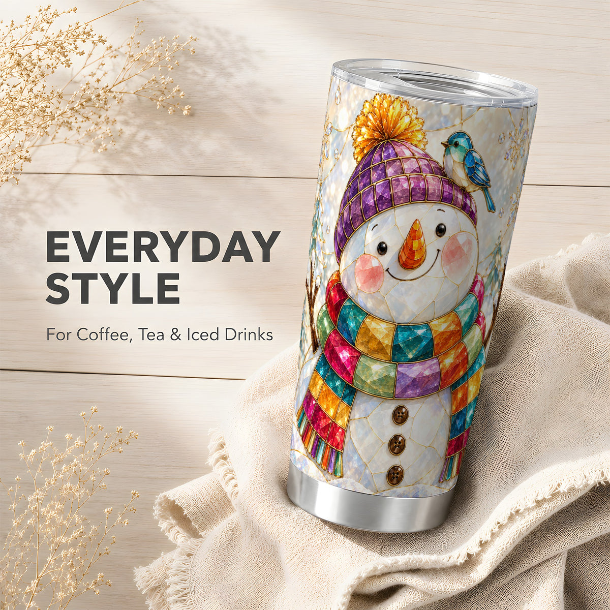 #pl[20oz|Steel] Mosaic Snowman Tumbler 20oz, Winter Tumbler, Stainless Steel Travel Cup