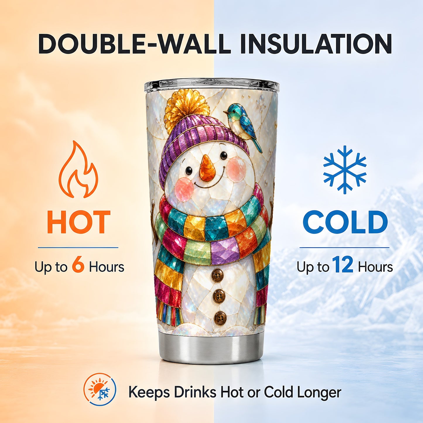 #pl[20oz|Steel] Rainbow Snowman Tumbler 20oz, Winter Tumbler, Stainless Steel Travel Cup