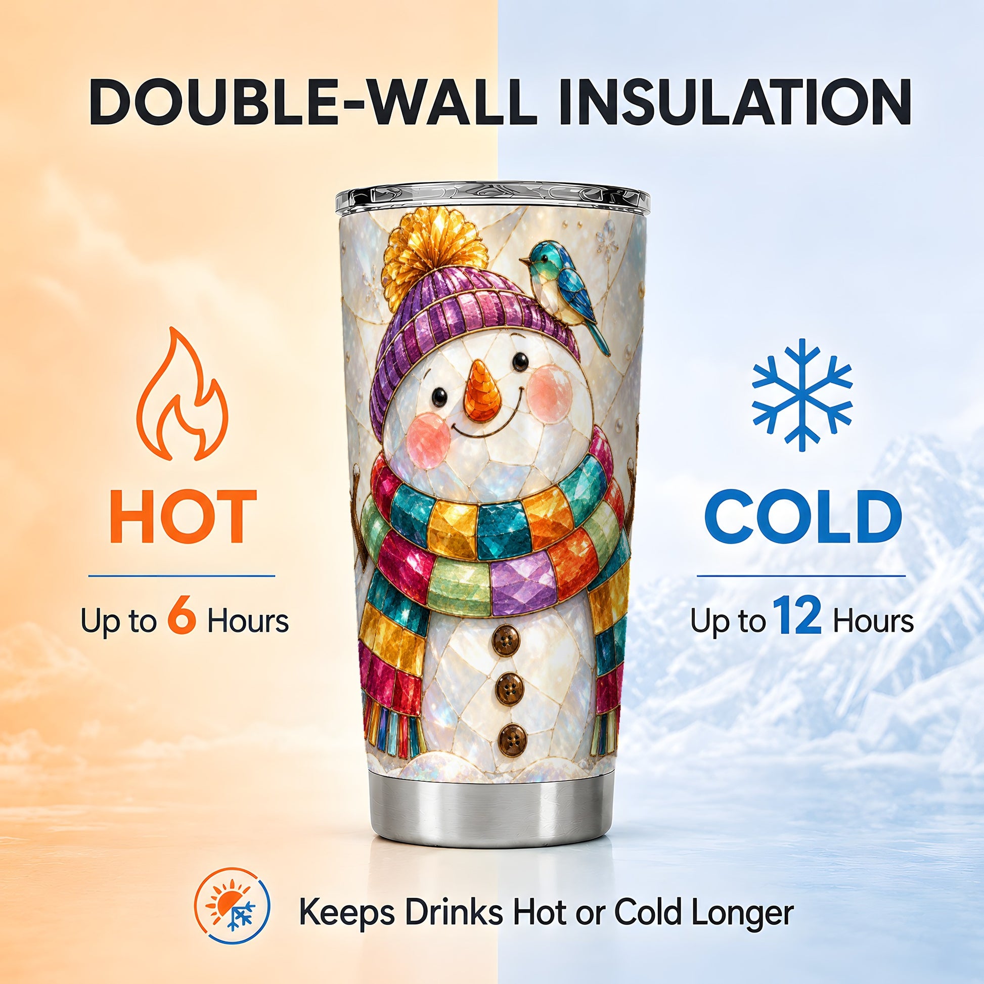 #pl[20oz|Steel] Rainbow Snowman Tumbler 20oz, Winter Tumbler, Stainless Steel Travel Cup