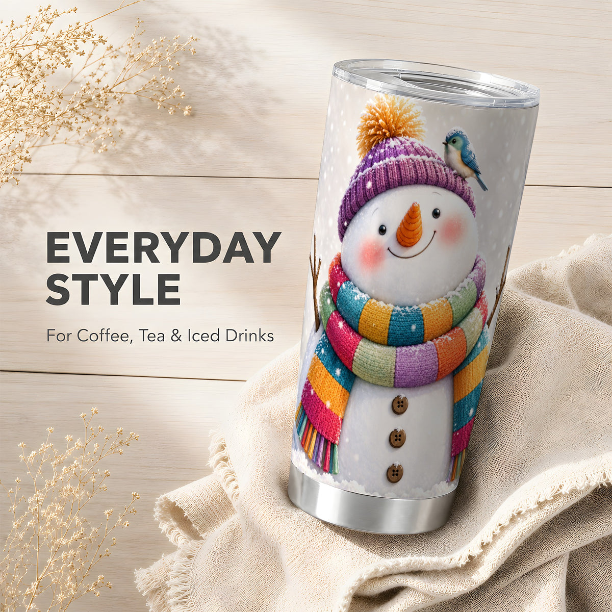 #pl[20oz|Steel] Cozy Snowman Tumbler 20oz, Winter Bird Tumbler, Stainless Steel Travel Cup