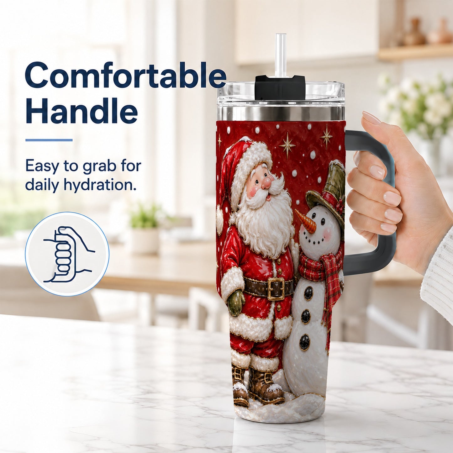 #pl[40oz|Black] Santa Snowman 40oz Tumbler with Handle, Christmas Travel Cup