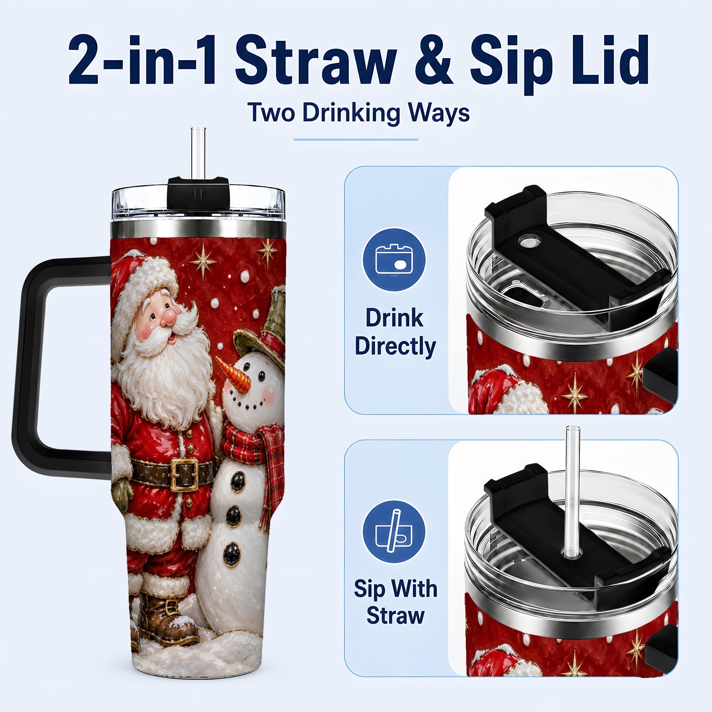 #pl[40oz|Black] Santa Snowman 40oz Tumbler with Handle, Christmas Travel Cup