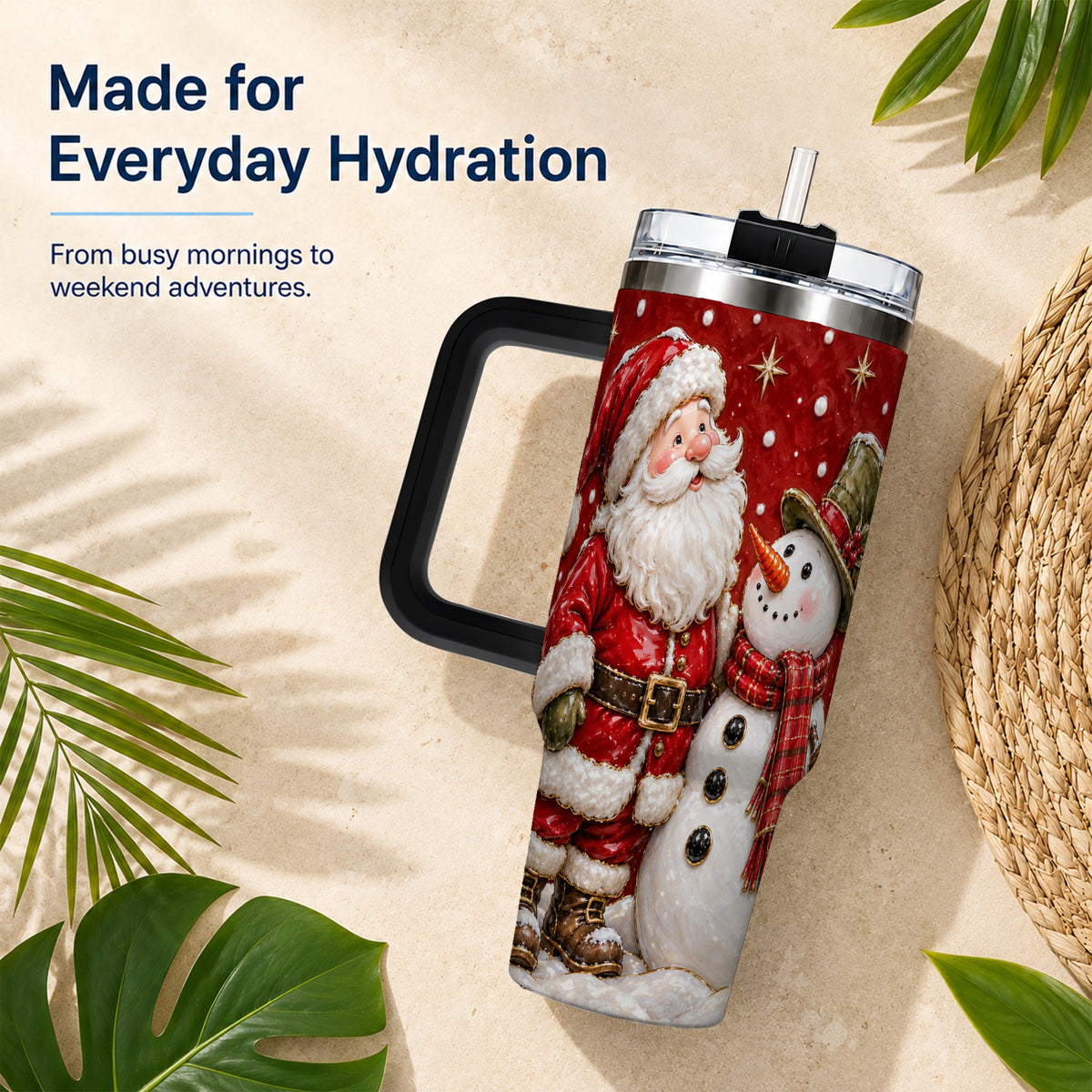 #pl[40oz|Black] Santa Snowman 40oz Tumbler with Handle, Christmas Travel Cup