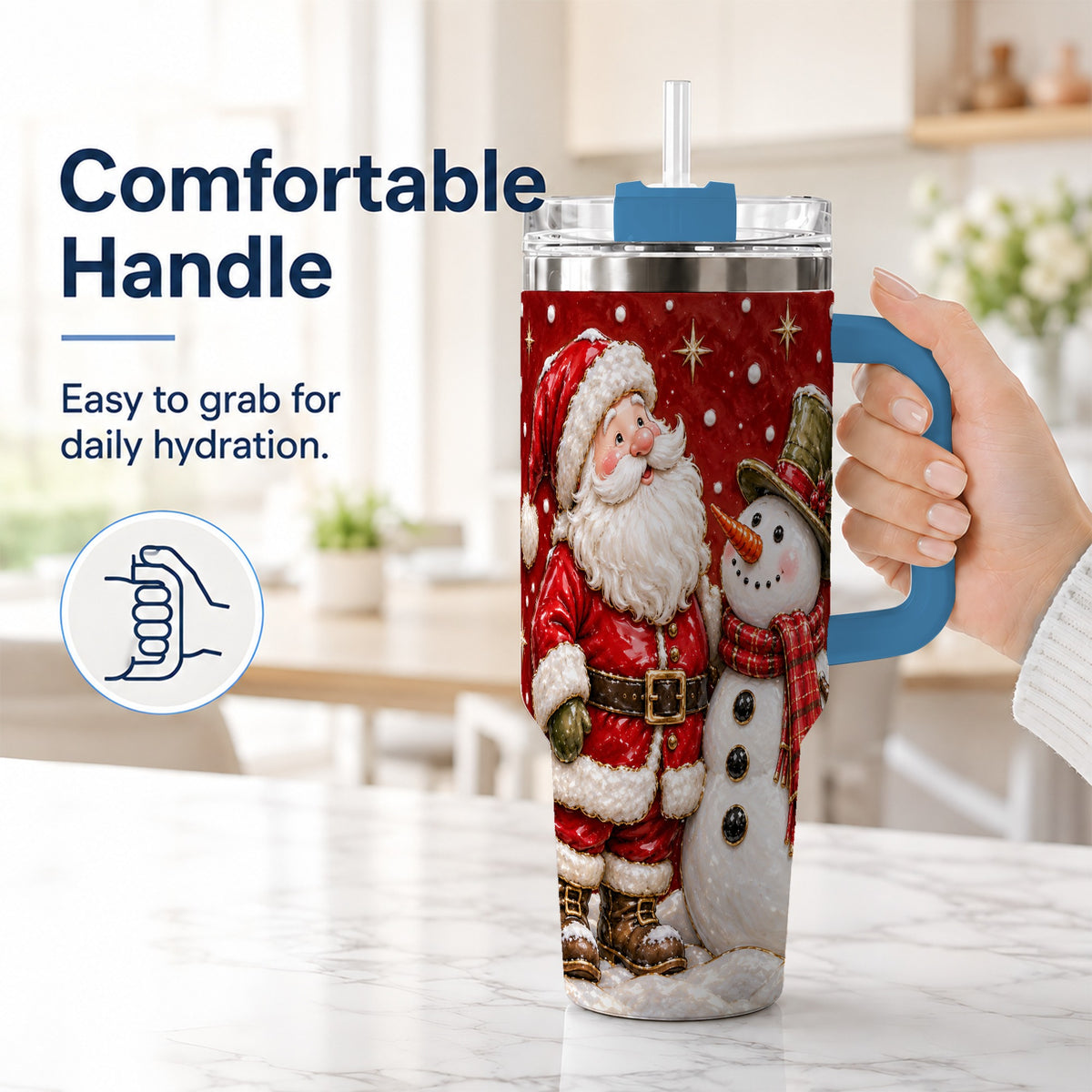 #pl[40oz|Blue] Santa Snowman 40oz Tumbler with Handle, Christmas Travel Cup