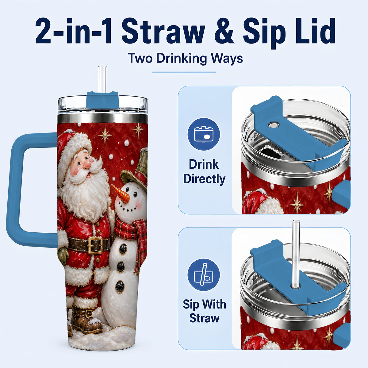 #pl[40oz|Blue] Santa Snowman 40oz Tumbler with Handle, Christmas Travel Cup