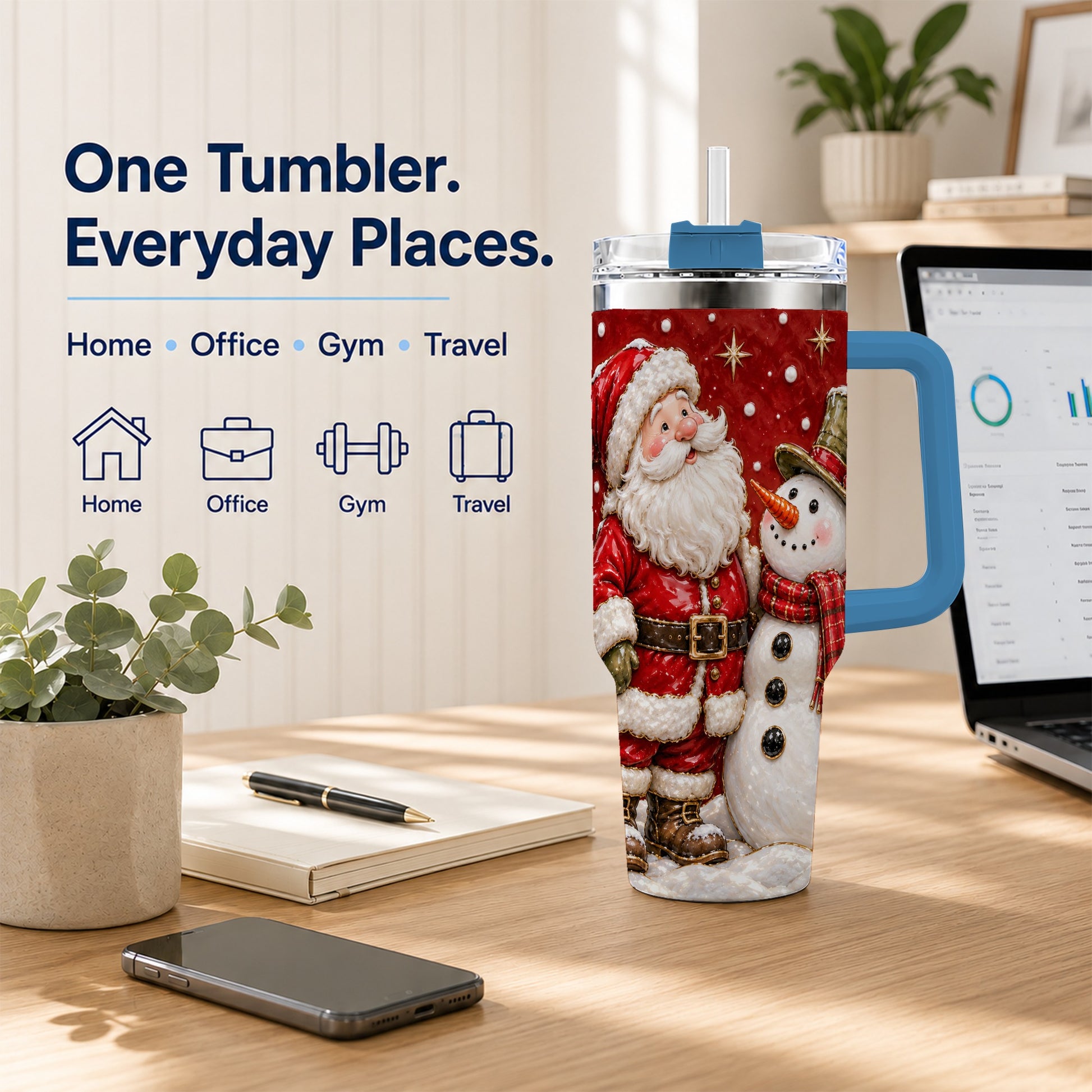 #pl[40oz|Blue] Santa Snowman 40oz Tumbler with Handle, Christmas Travel Cup