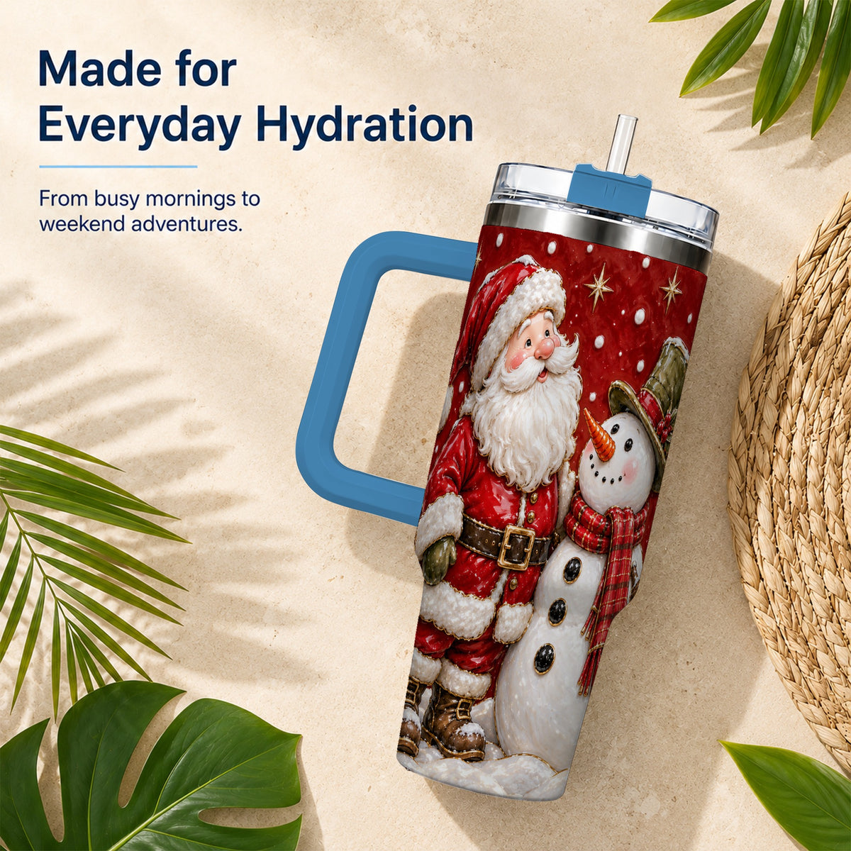 #pl[40oz|Blue] Santa Snowman 40oz Tumbler with Handle, Christmas Travel Cup
