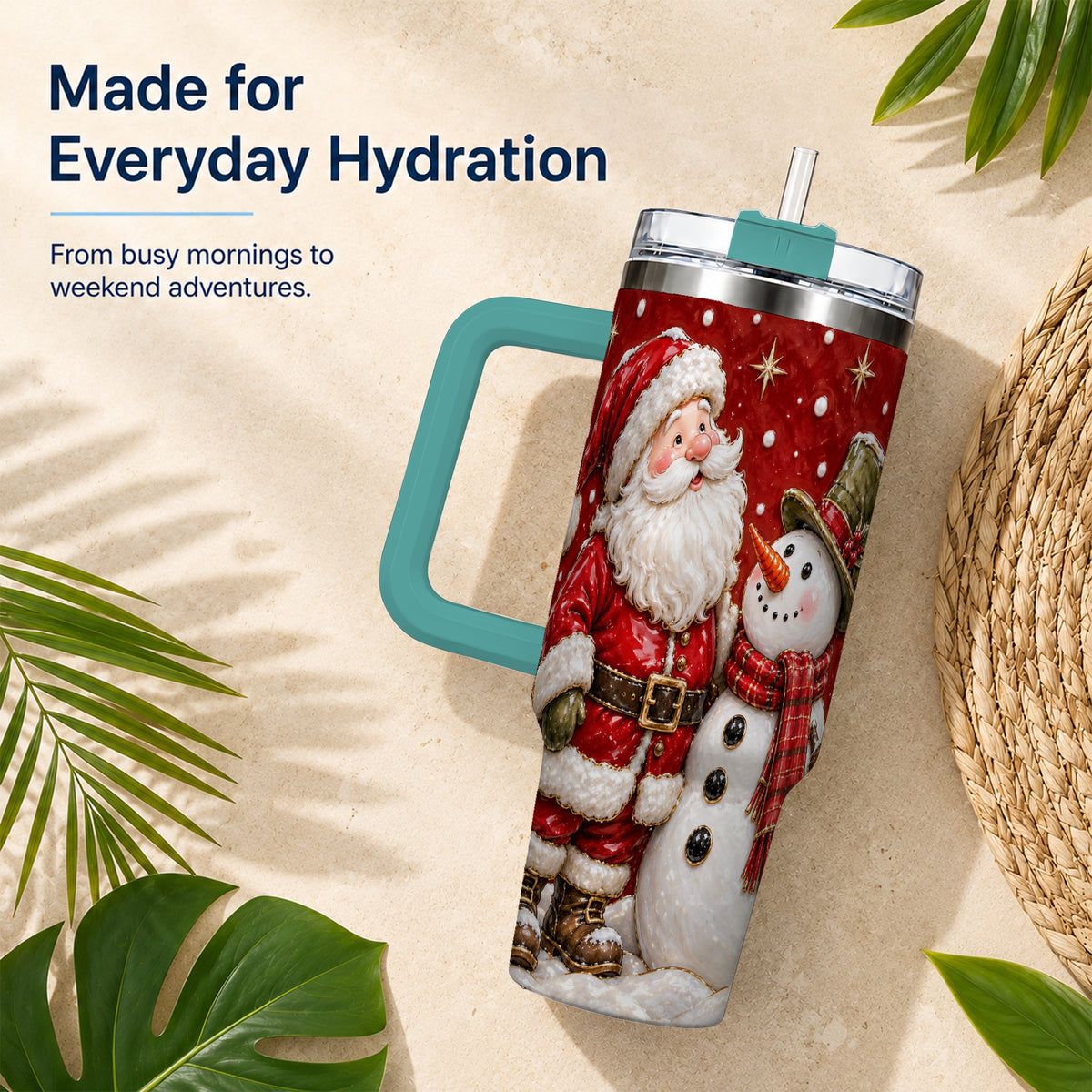#pl[40oz|Green] Santa Snowman 40oz Tumbler with Handle, Christmas Travel Cup
