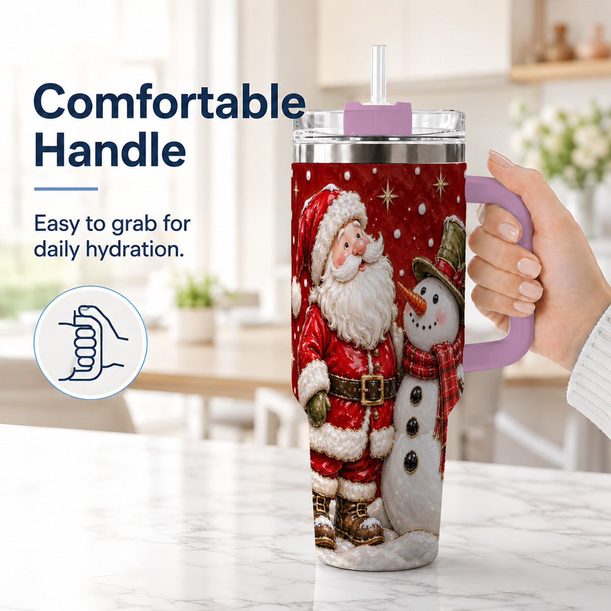 #pl[40oz|Pink] Santa Snowman 40oz Tumbler with Handle, Christmas Travel Cup