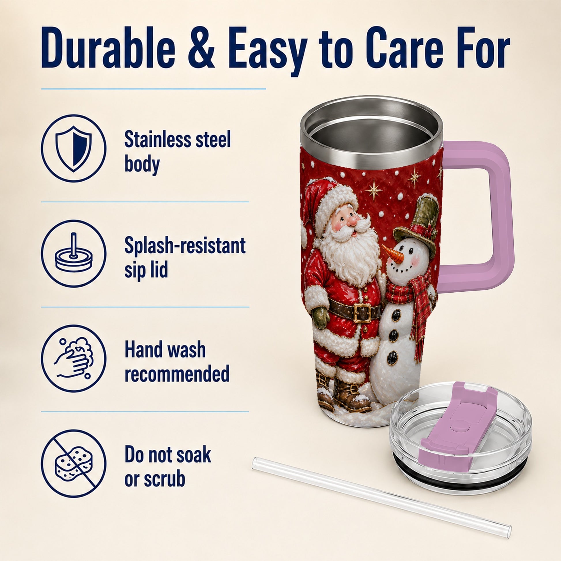 #pl[40oz|Pink] Santa Snowman 40oz Tumbler with Handle, Christmas Travel Cup