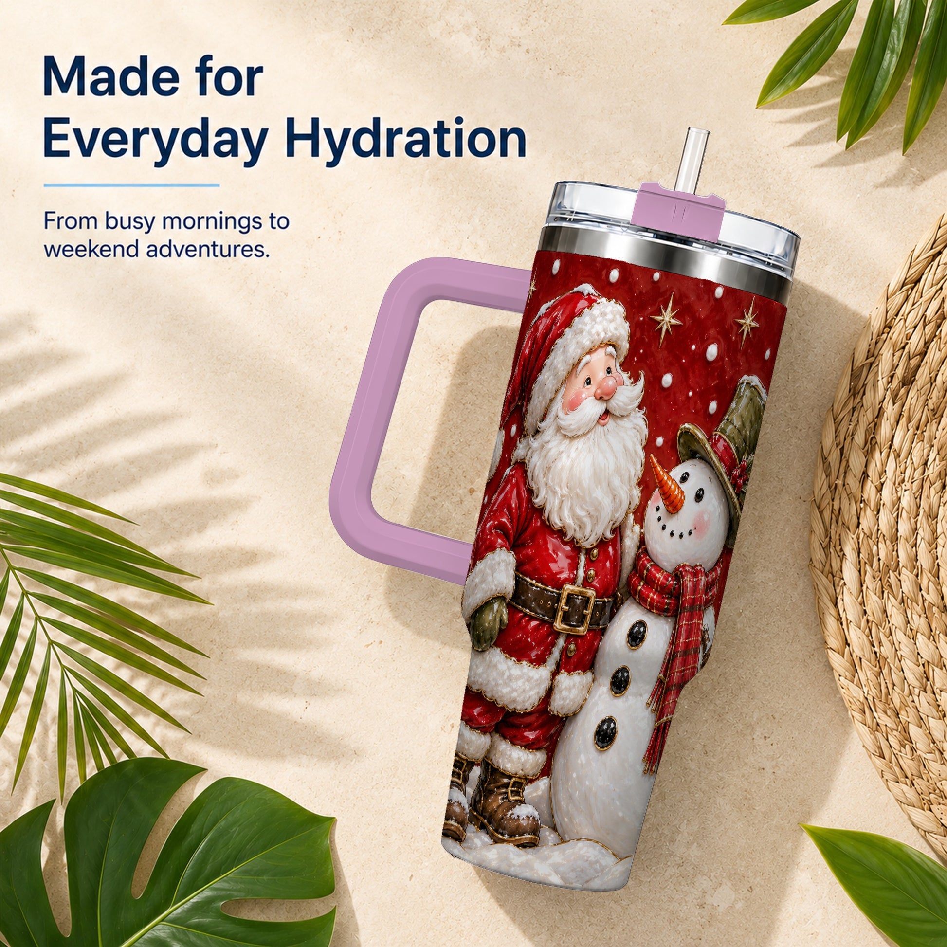#pl[40oz|Pink] Santa Snowman 40oz Tumbler with Handle, Christmas Travel Cup